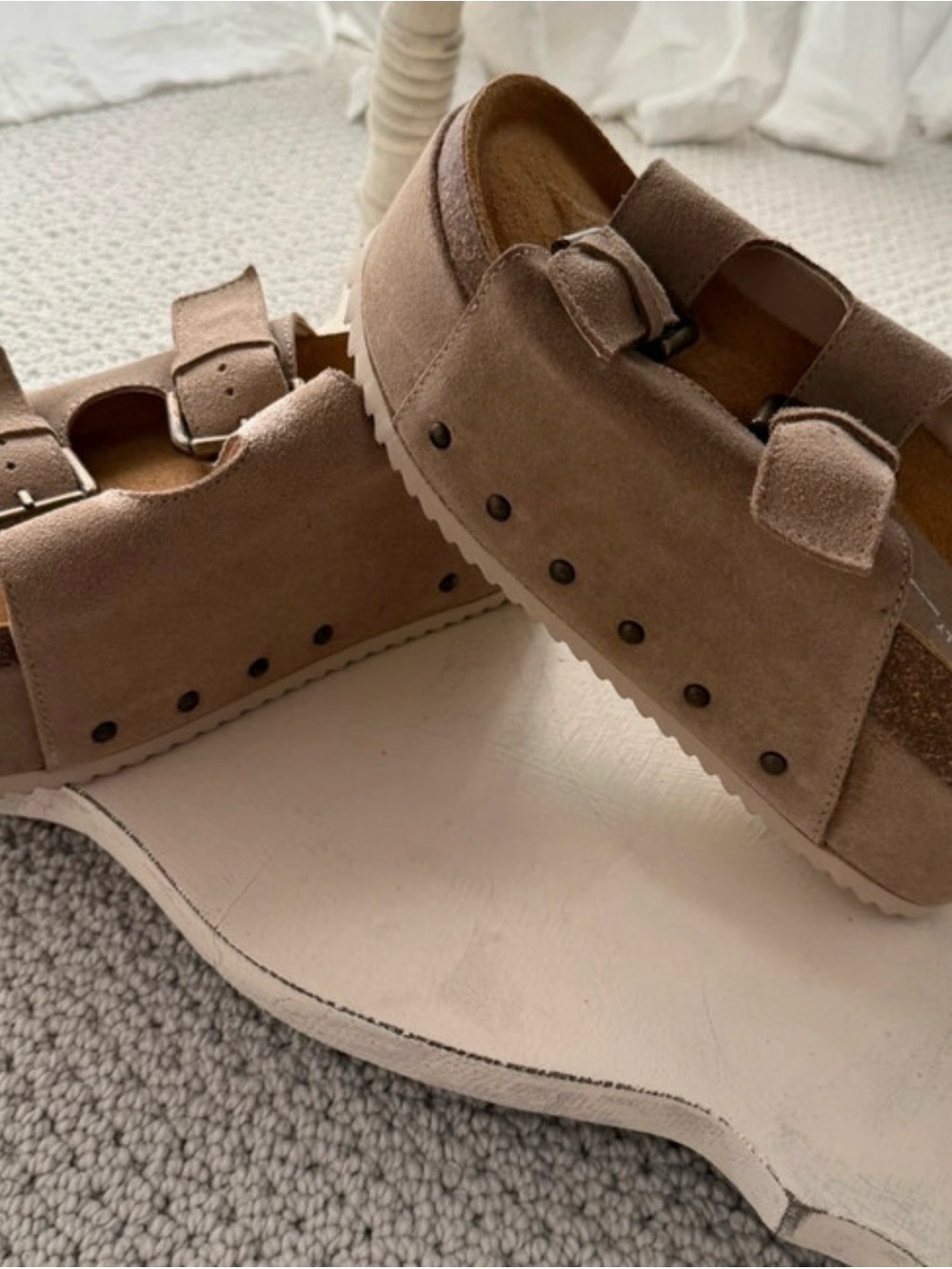 INTENTIONALLY BLANK Suede Buckle Platform Clogs in Brown